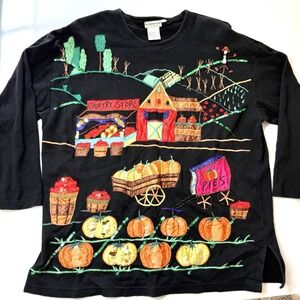 VTG Accessory Lady Sequin Fall Halloween Shirt Womens Large Pumpkin Patch Farm